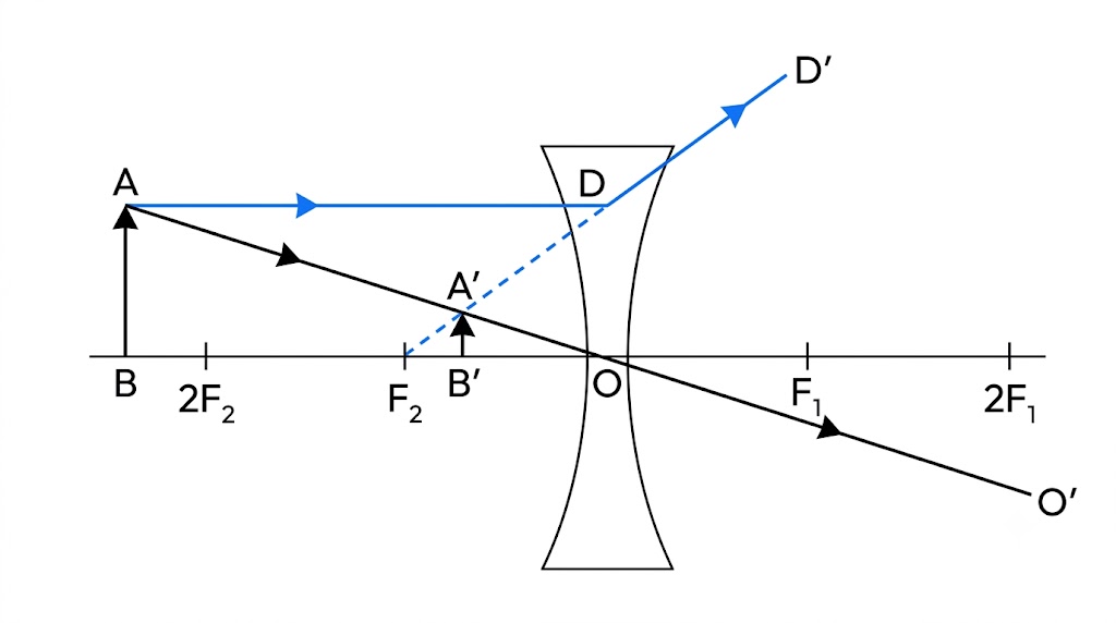 Fig. 5.39 Ray diagram for image formation by a concave lens when the object is between infinity and the lens